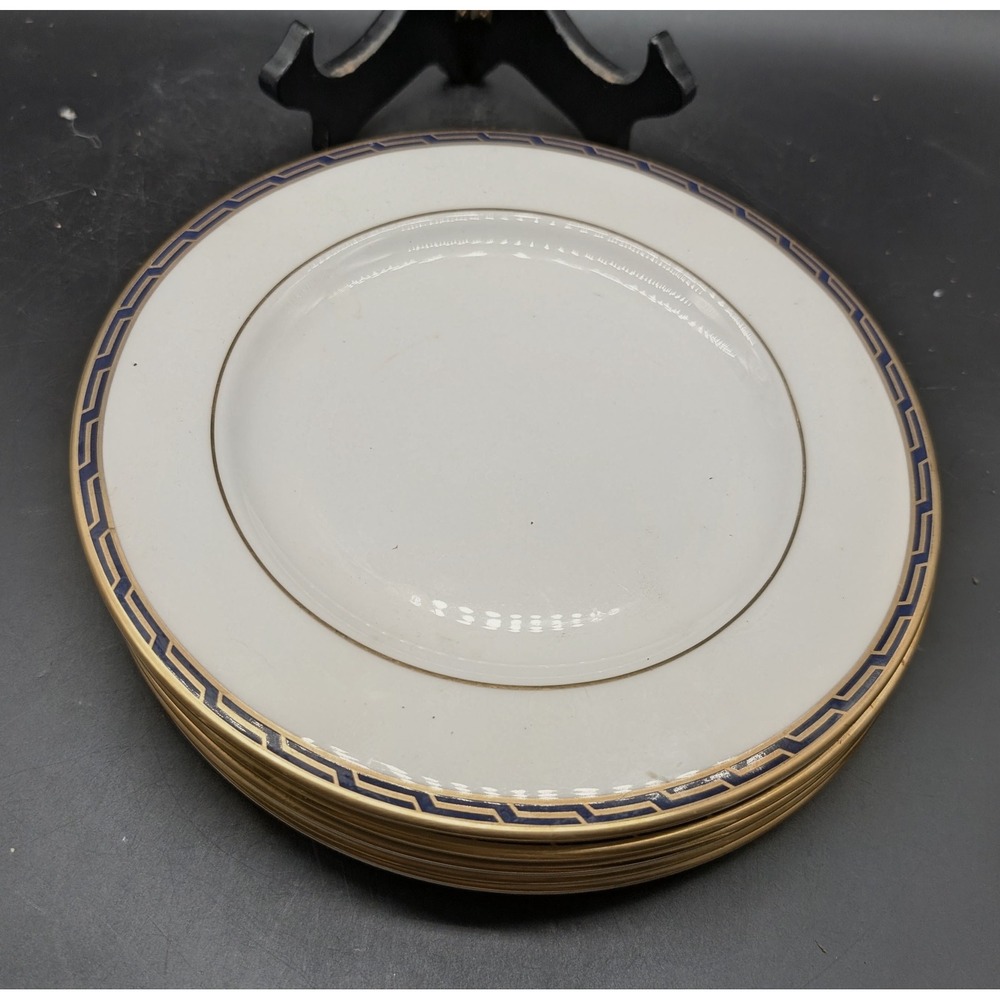 Lenox Aegean Cobalt Salad Dessert Plates Set 5 Greek Key Gold Trim Bone China 8"